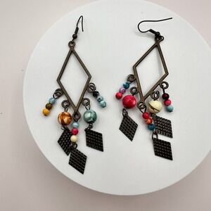 Vintage 80s Bohemian Dangle Earrings Beaded Drop Geometric Brown Metal Jewelry